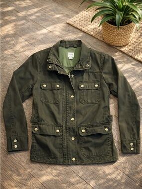 J.Crew Downtown Field Utility Jacket Olive Green Cotton Snap Zip Pockets XS